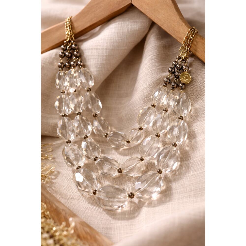 Chunky Faceted Clear Beaded Necklace Gold Tone Layered Statement